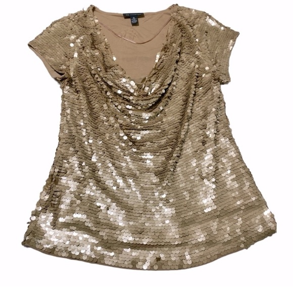 Gold Sequin Cap Sleeve Top w Stretch - Picture 2 of 9